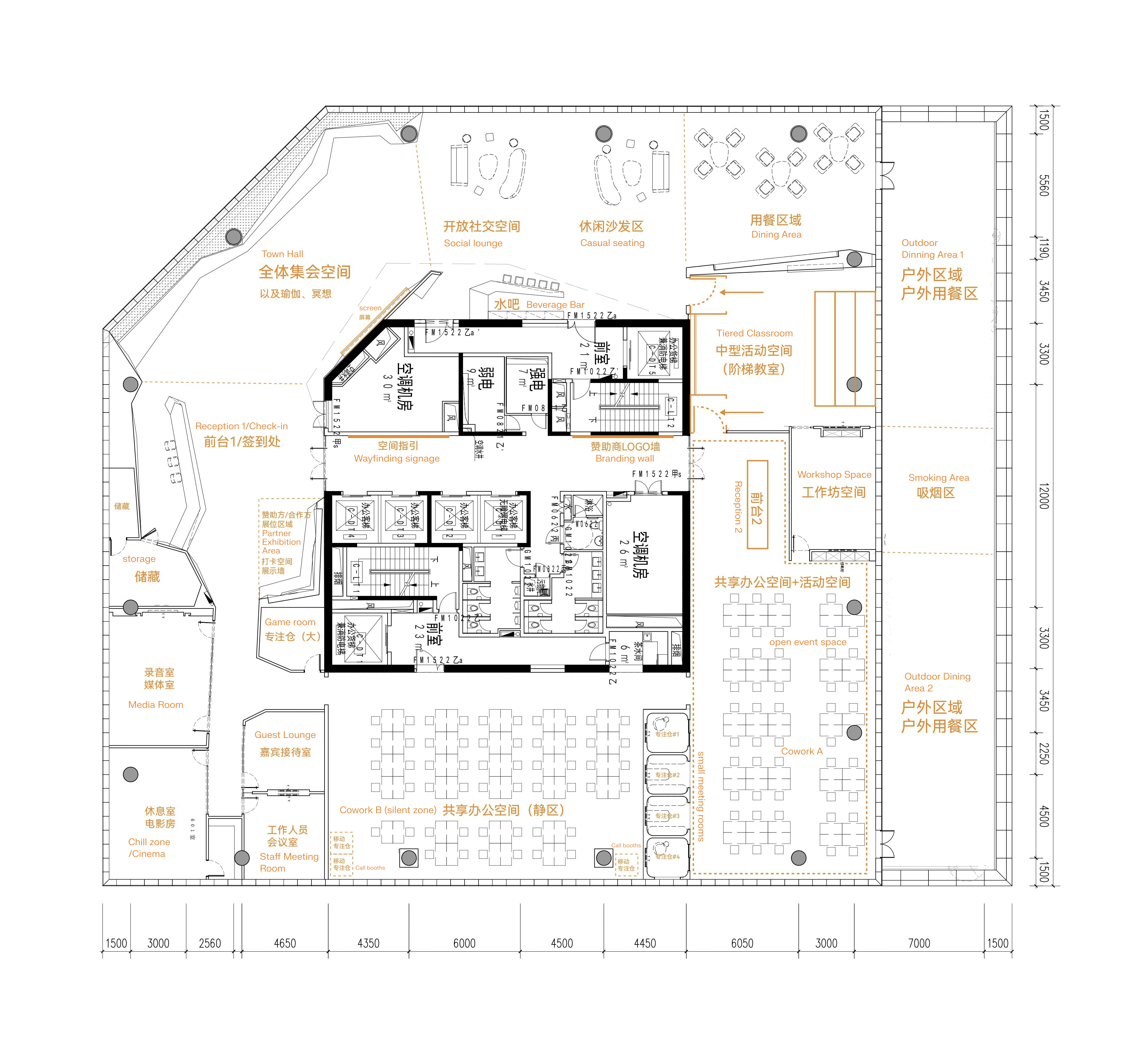 muShanghai 2026 venue floorplan — co-working spaces, tiered classroom, workshop area, media room, game room, outdoor dining areas, beverage bar