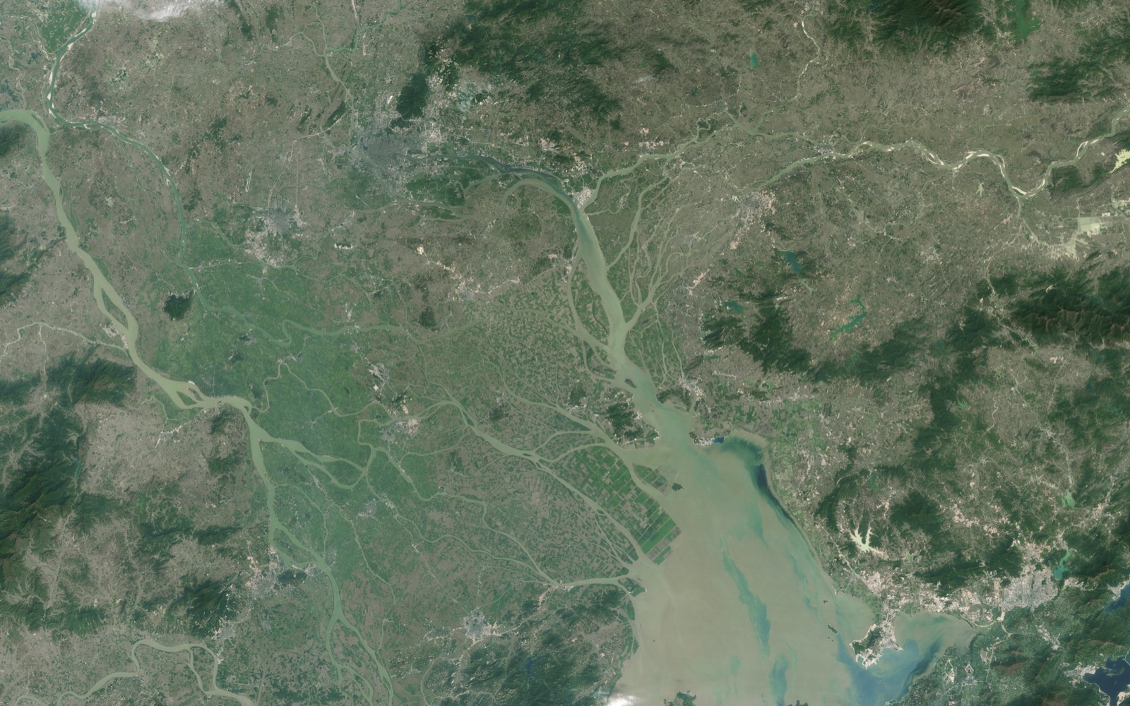 Landsat satellite image of the Pearl River Delta around Shenzhen in 1988, mostly green farmland with only small grey urban patches