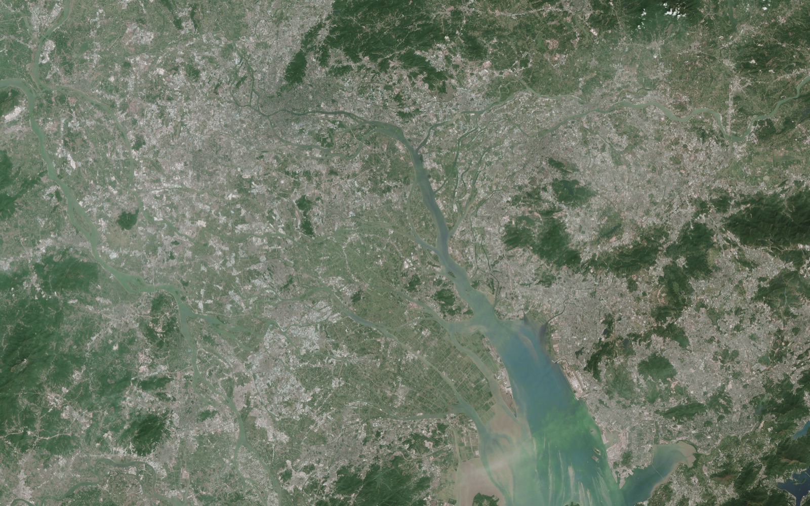 Landsat satellite image of the same Pearl River Delta in 2014, now a vast grey built-up megacity region