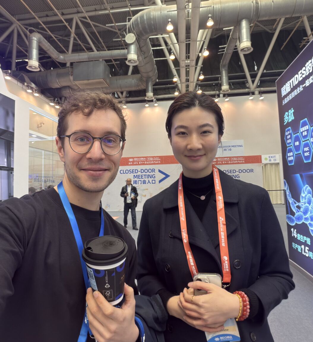 Dr. Dom with a Chinese biotech executive at the BioChina 2026 expo in Suzhou
