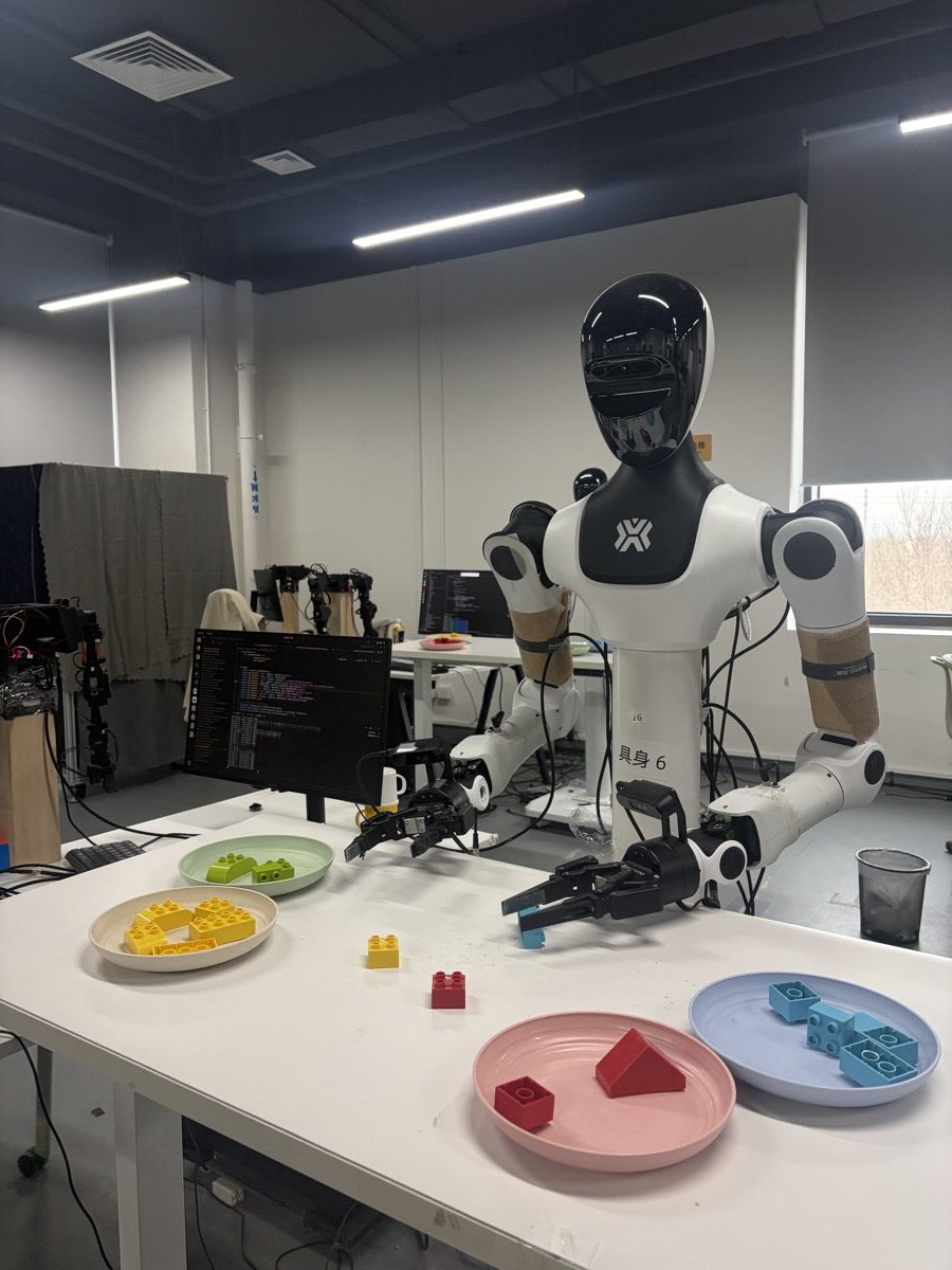 A humanoid robot sorting colored blocks by shape onto matching plates
